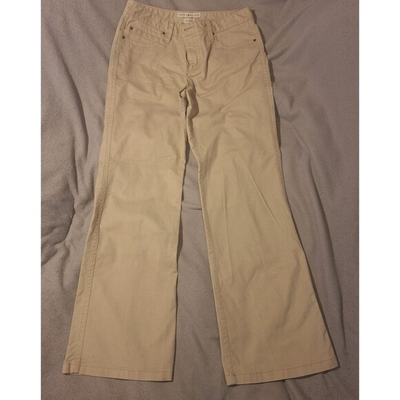 Tommy Hilfiger Stretch-Wmn 10 Beige Chino Khaki Bootcut Flare Pocket Flp *spots* - Picture 1 of 16